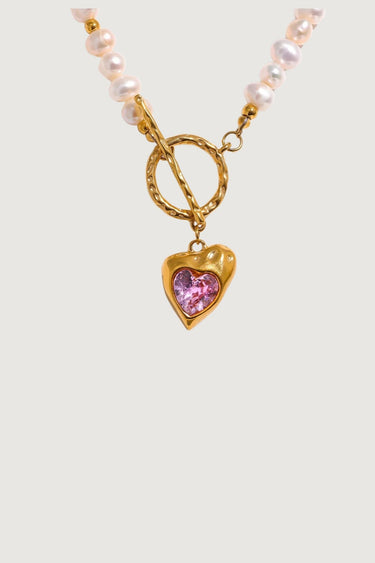 GOLD HEART FRESH WATER PEARL NECKLACE PINK STONE - STUDIO JO STORE